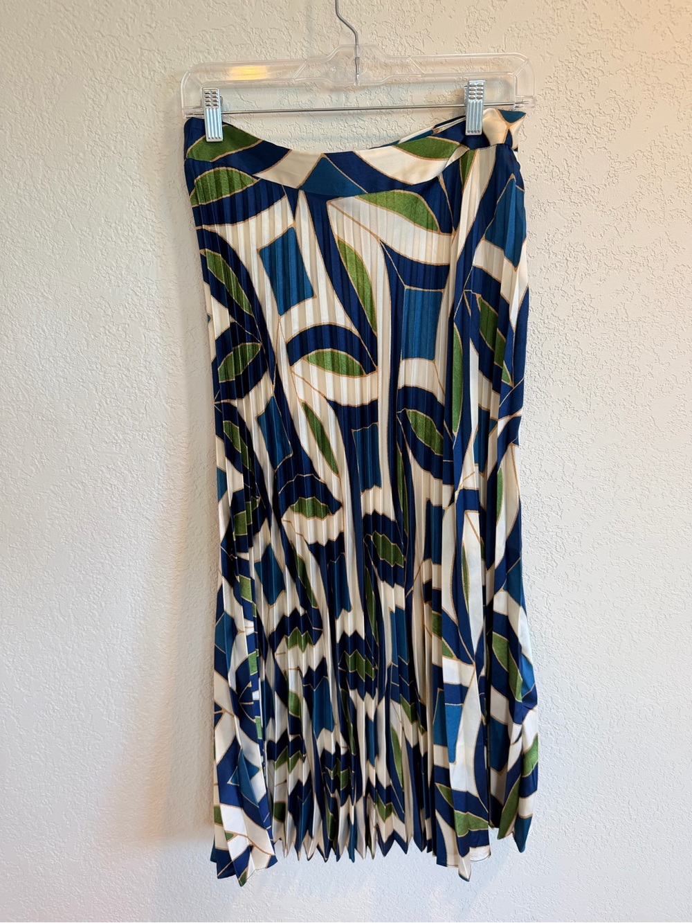 (SEA) MNG Pleated Midi Skirt in Blue, White & Green Abstract Print